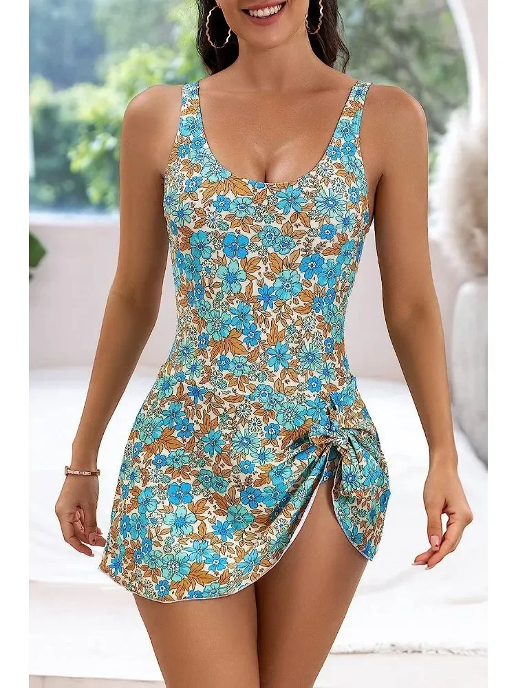 

Two Piece Swimsuit Women 2024 New Print Solid Sling Backless Sexy Tankini Swimwear Summer Long Dress Beach Bathing Female Suits