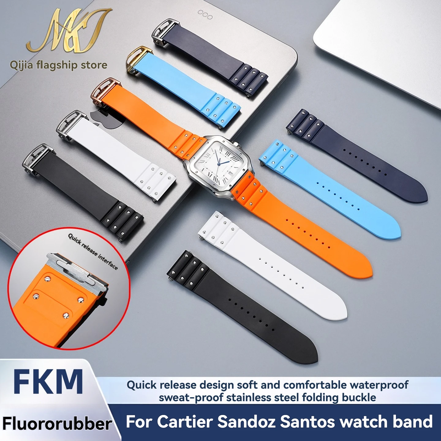 Premium Fluorine Rubber Watch Strap Waterproof Sweatproof Rivet Design Metal Quick Release Band 21mm For Cartier Santos WSSA0009