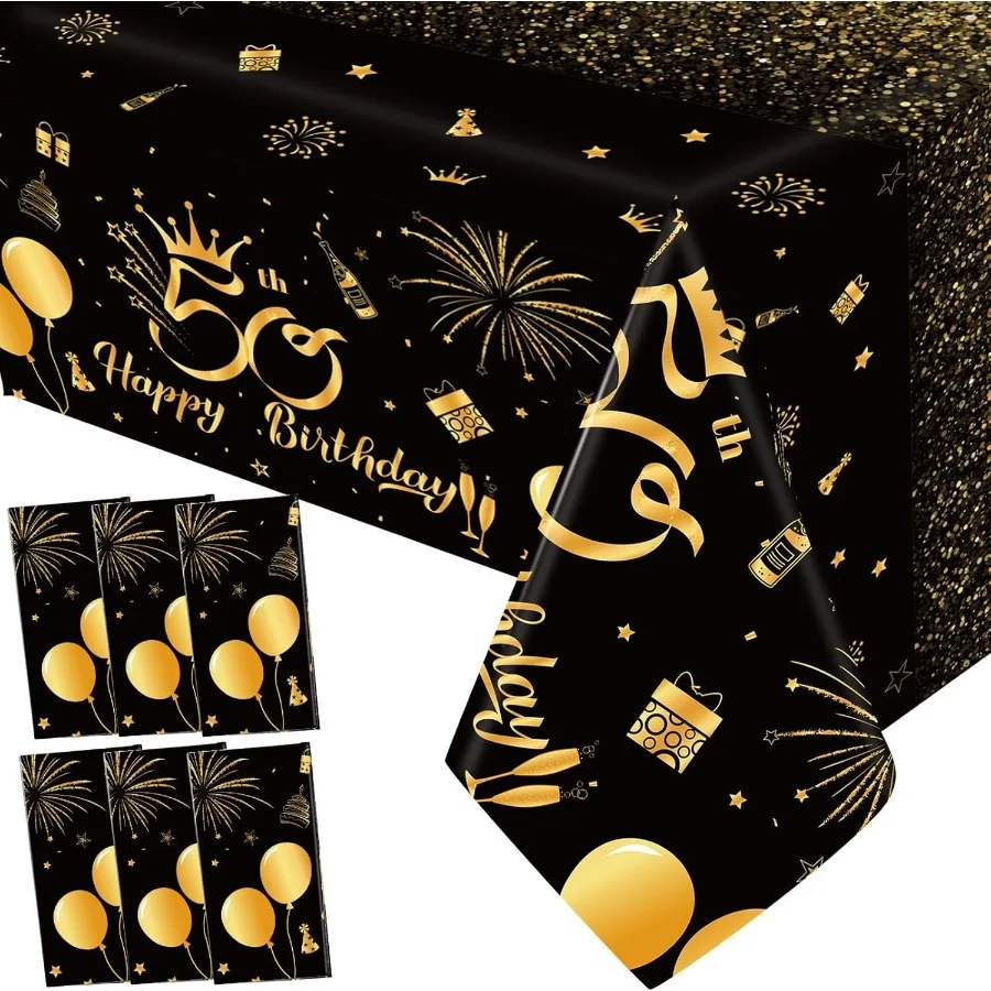 

6 Pack 50th Birthday Tablecloth Disposable Plastic Happy Birthday Table Cover Rectangular Black and Gold Table Cloths 50th Birt