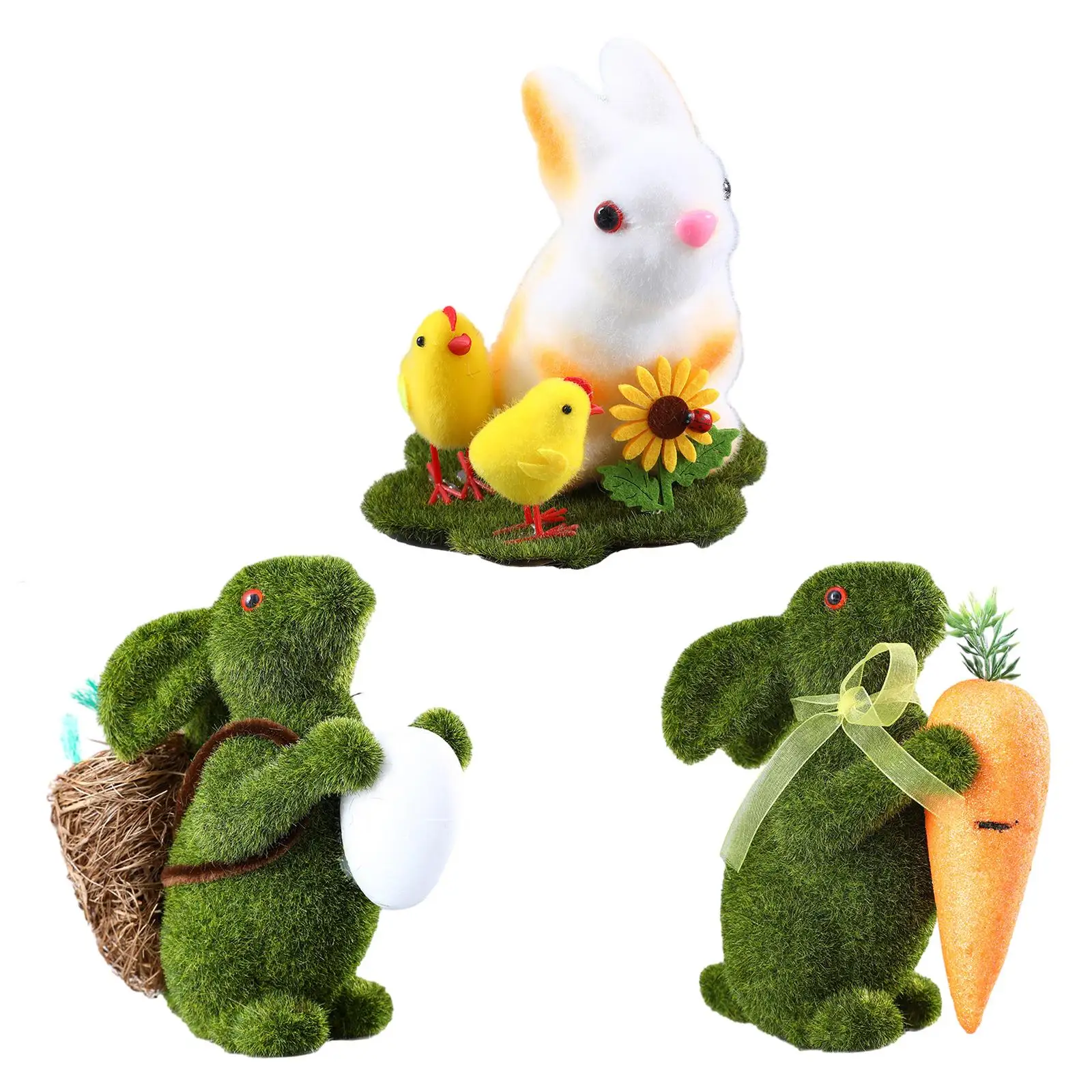 Easter Bunny Ornament Figurines, Artificial Flocked Grass Centrepiece Statue Easter Decor for Shelf Decorations Indoor