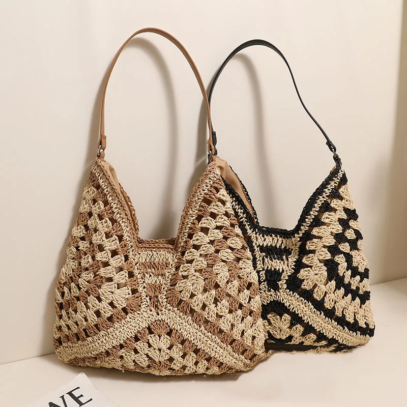 Retro Contrasting Woven Bag 2024 New Hollowed Out Flower Large Triangle Magnetic Buckle Shoulder Bag Leisure Vacation Beach Bags