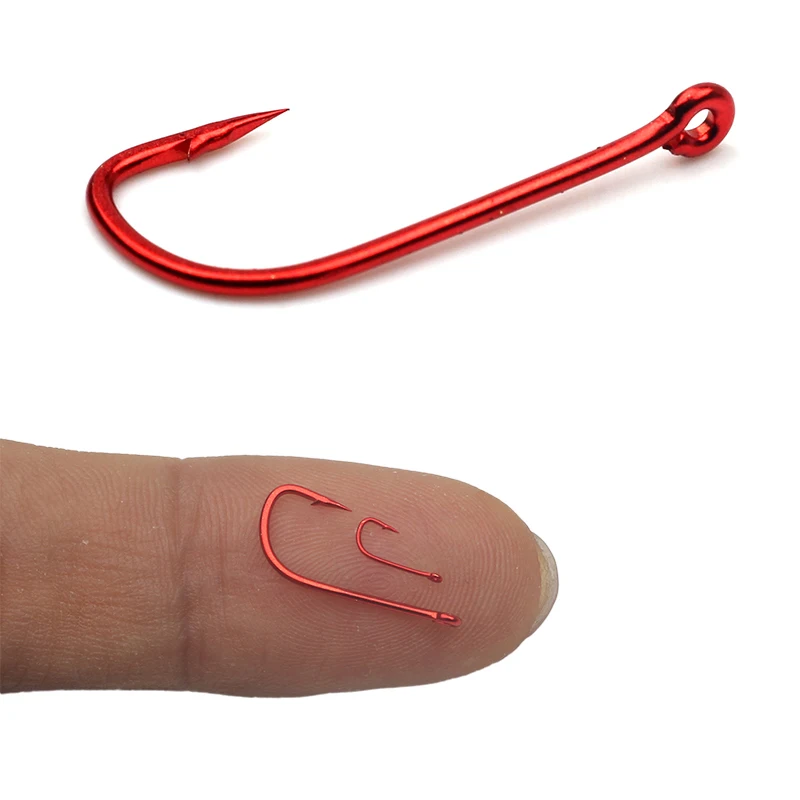 Супермаленькие ультрамаленькие рыболовные крючки красного цвета с глазами 1 #-10 # с бородкой из высокоуглеродистой стали с изогнутой приманкой Супермаленькие ультрамаленькие рыболовные крючки красного цвета с глазами 1 #-10 # с бородкой из высокоуглеродистой стали с изогнутой приманкой