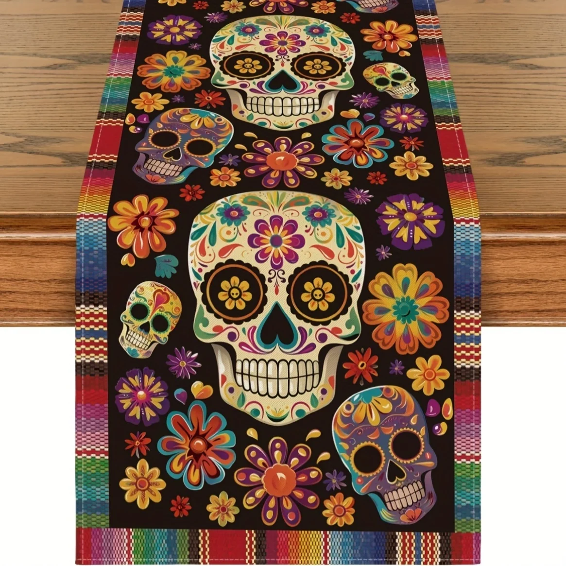 1 Piece of Mexican Day of the Dead Table Runner, Painted with Colorful Skulls on a Black Background, Floral Patterns, Suitable for Day of the Dead Parties, Exotic Restaurants, Art Exhibitions, Folk Activities, Creative Studios, Themed Cafes, Handmade Markets, and Special Home Decorations