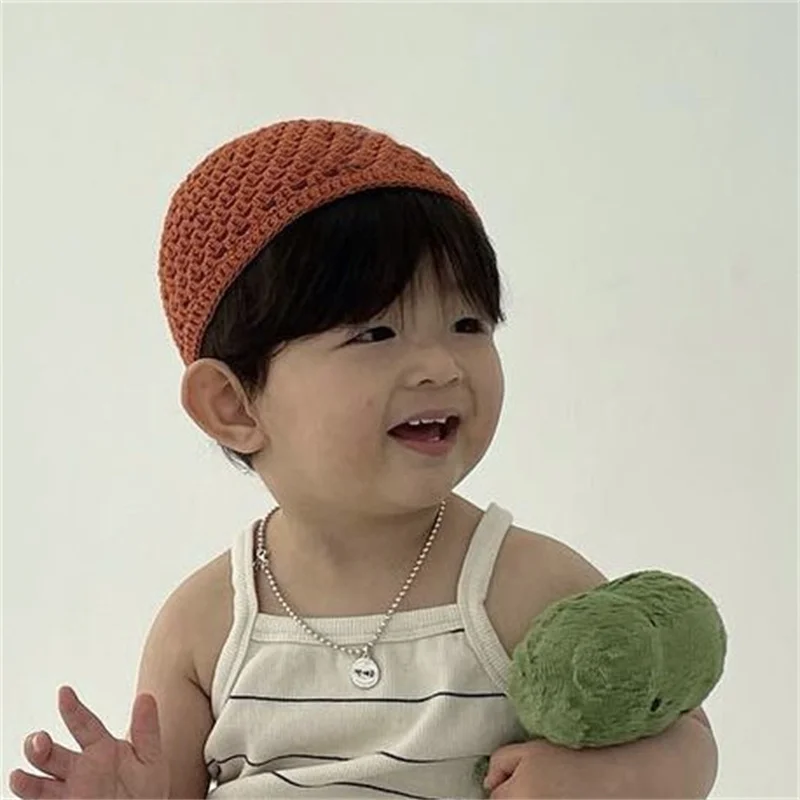 New Korean version Children's hollow mesh hat round knitting hat Lightweight breathable woollen hat all-match cute hat