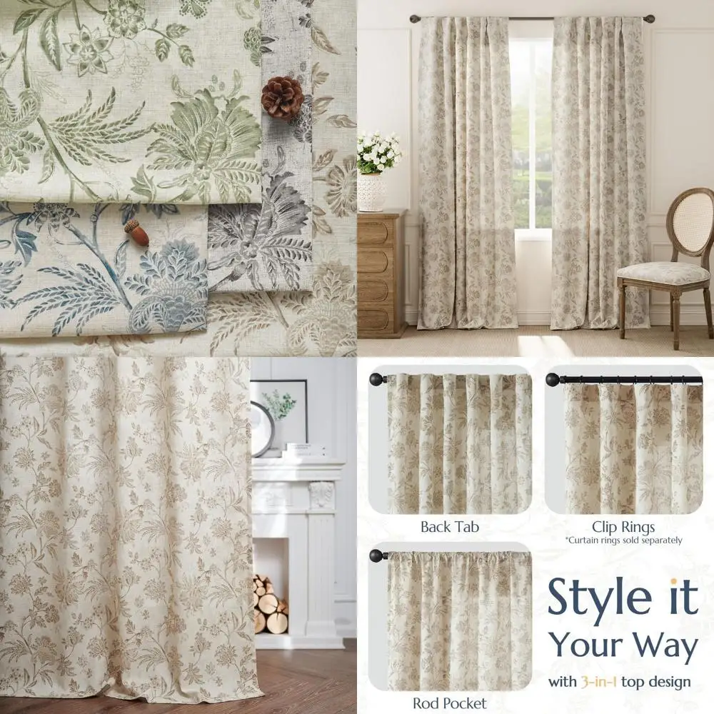 

Taupe Floral Linen Curtains, 96 Long, Light Filtering, French Country Style, Back Tab with Rod Pocket, Farmhouse Drapes, 2-Panel