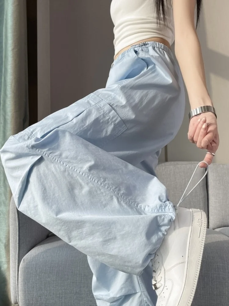 

Blue Elastic Waist Casual Pants Women's Summer Loose Sports Pants Workwear Pants Versatile Straight Leg Pants Pure Color