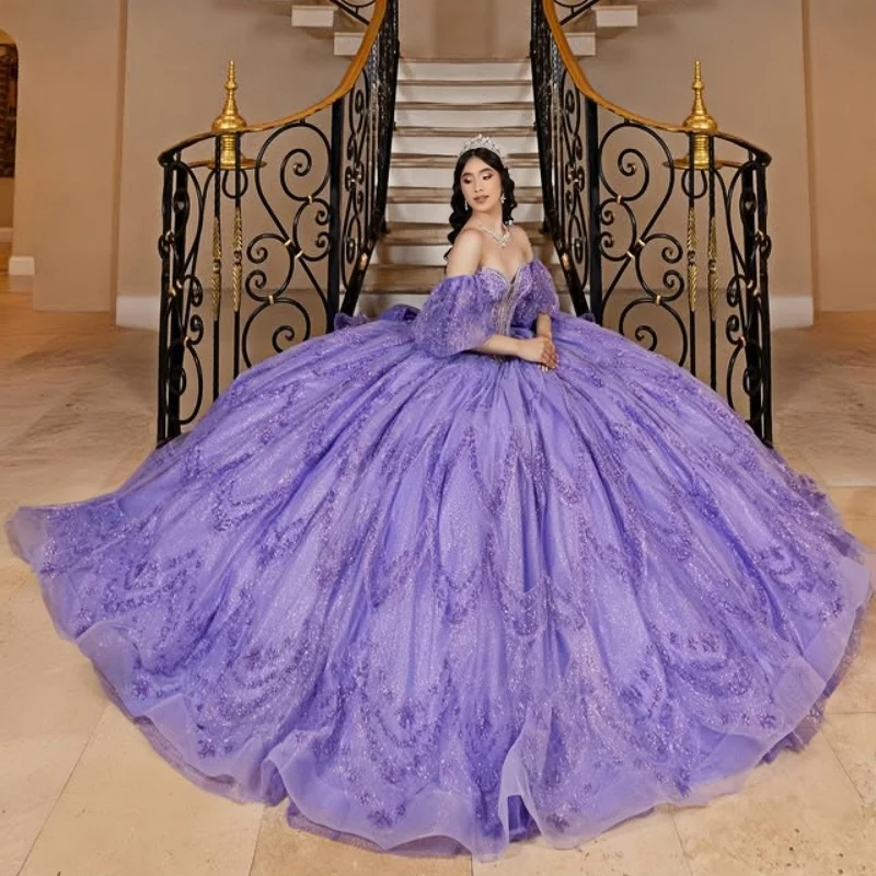 

Customized Shiny Purple Off Shoulder Quinceanera Dress sequin applique Tull layering Long tail Bow vestidos de 15 Quinceanera