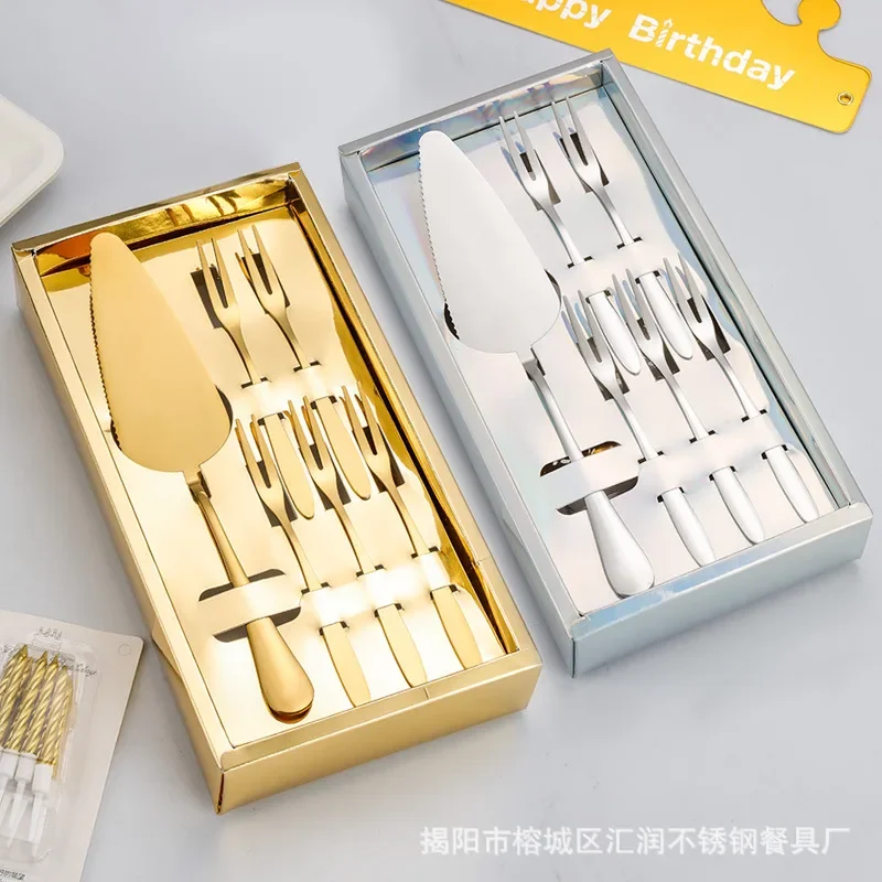 Stainless steel cake knife and fork set upscale cake shovel dessert fork birthday plate candle hat cutlery combination