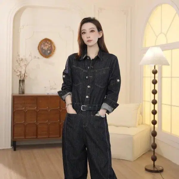 

Элегантные повседневные джинсовые комбинезоны для женщин: высокая талия, длинные брюки, хлопковая ткань, для работы и отдыха, весенняя коллекция