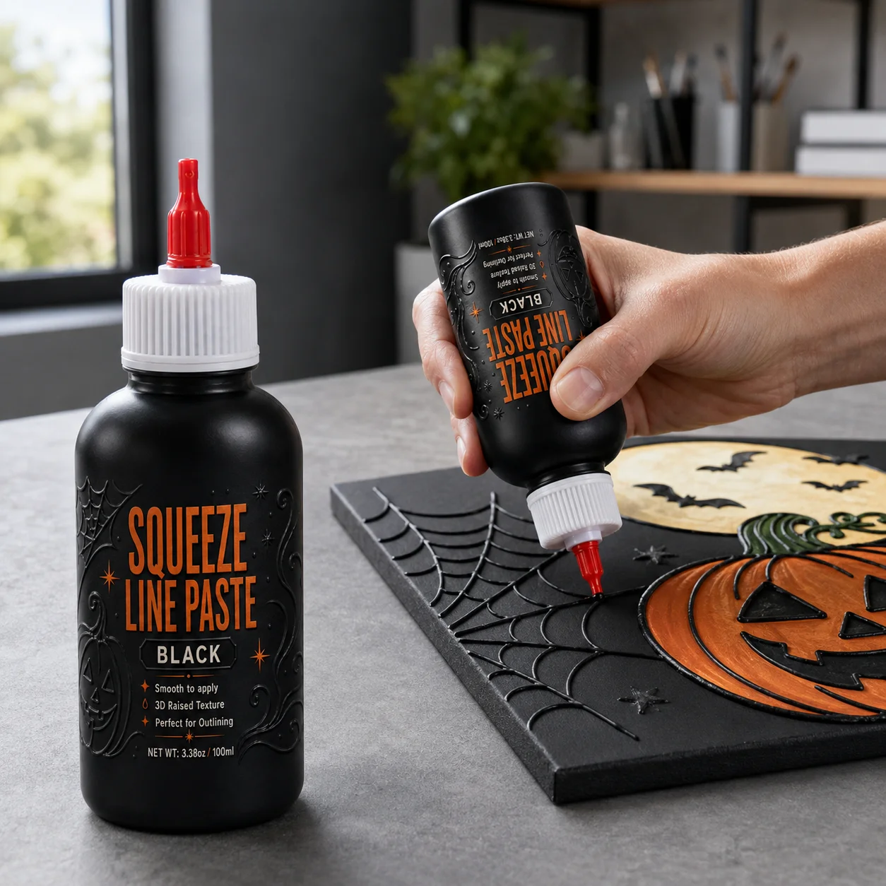 3D Texture Paste (with Nozzle Applicator) - Holiday DIY Art Gift for Ceramic Outlines and Sculpted Details (BLACK)