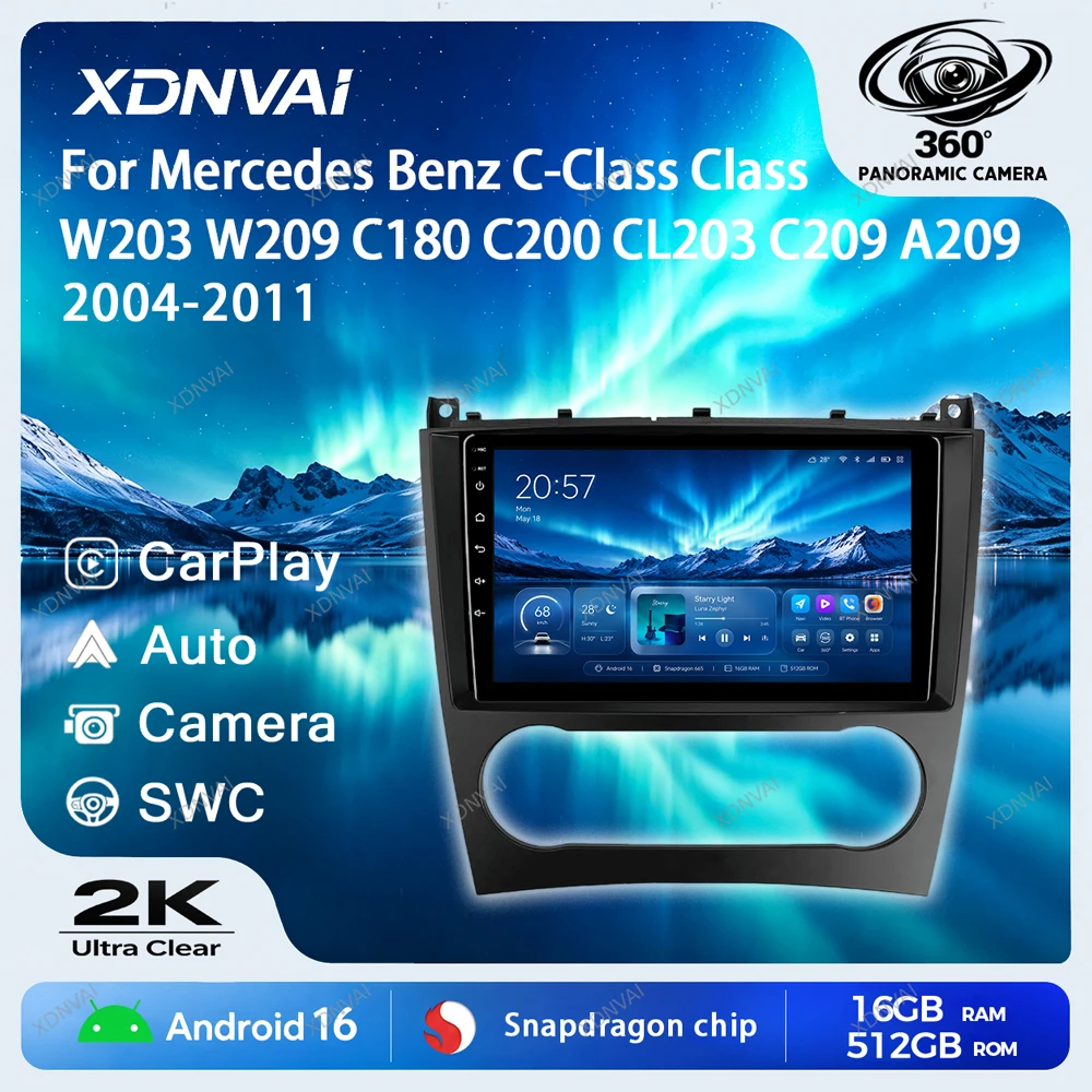 Android 16 Multimedia For Mercedes Benz C-Class Class W203 W209 C180 C200 CL203 C209 A209 2004 - 2011 Video Player Car Radio GPS
