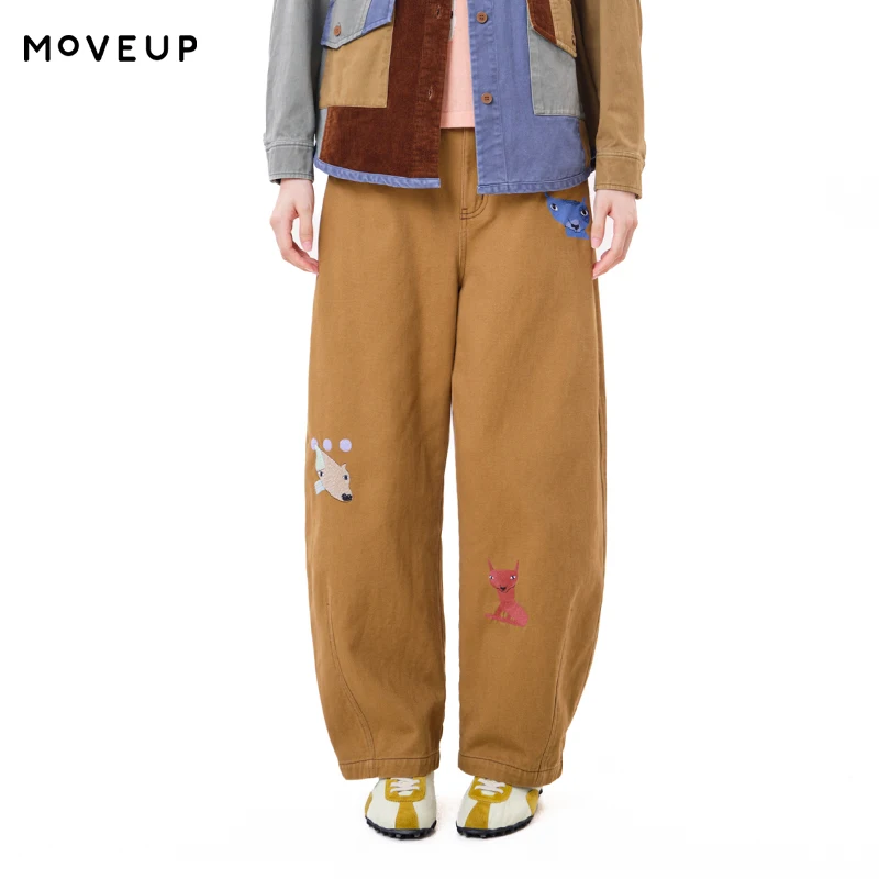 MOVEUP Women's Pants 100% Cotton Embroidered Straight Leg Casual Trousers FUN Series 2026 Winter New Female Clothing 3ELD20107