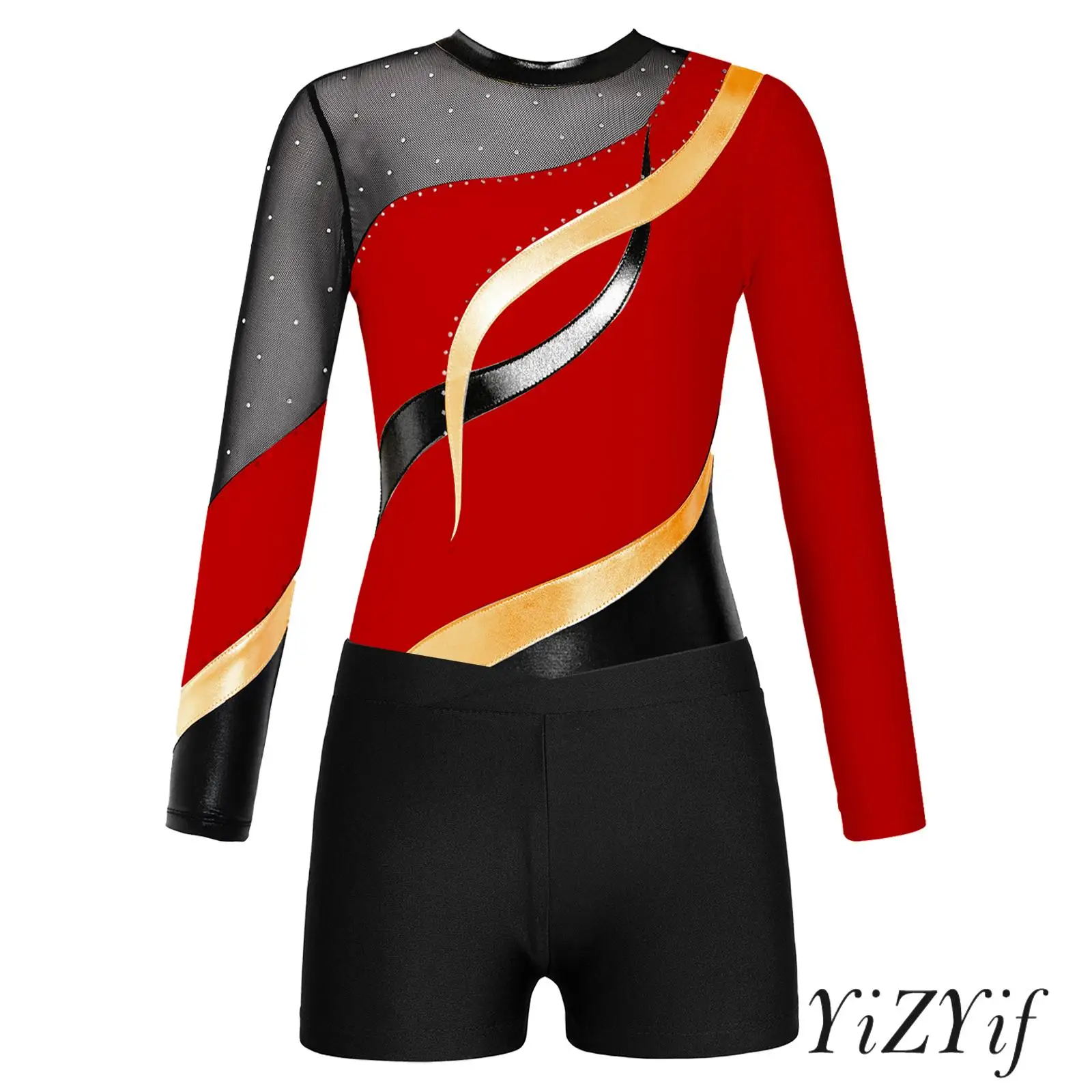 

Girls' Gymnastics Shiny Rhinestone Dance Leotard Set Breathable Long Sleeve with V-Front Shorts for Stage Performance Training