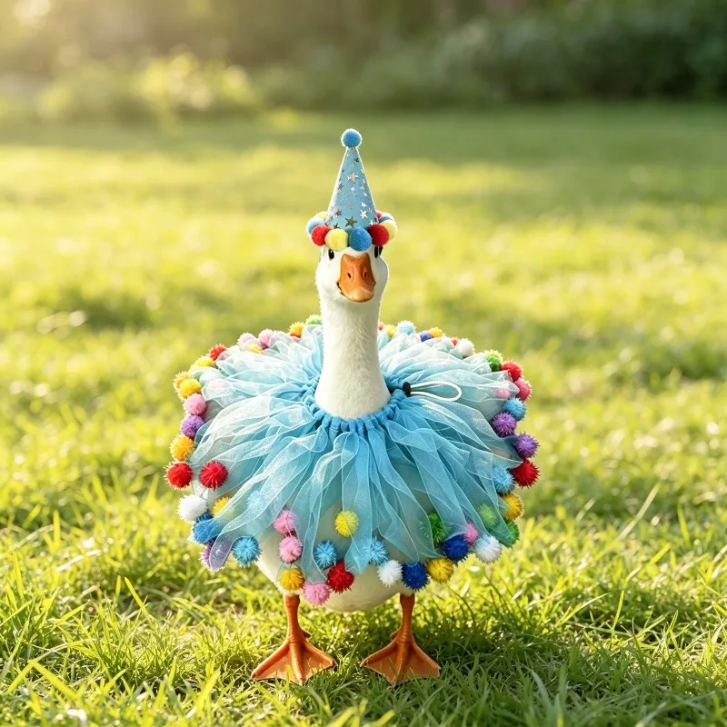 Porch Goose Happy Birthday Outfit Set Statue Clothes Cake Hat and Bandana Ideal for Lawn Patio Garden Display（Without Goose）