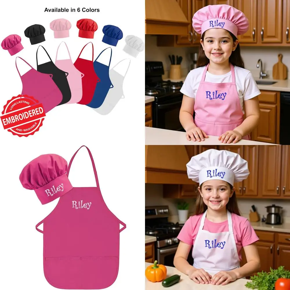 

Custom Embroidered High-Quality Child Apron with Chef Hat for Boys and Girls Cooking in Kitchen (Add Name Set, Long Apron with H