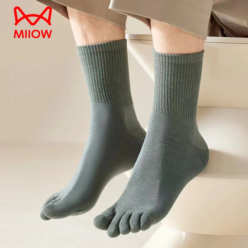 MiiOW 100% Pure Cotton Five Finger Socks Sweat Absorbent Antibacterial Breathable Men Seamless Spilt Toe Sock Thick Crew Socks
