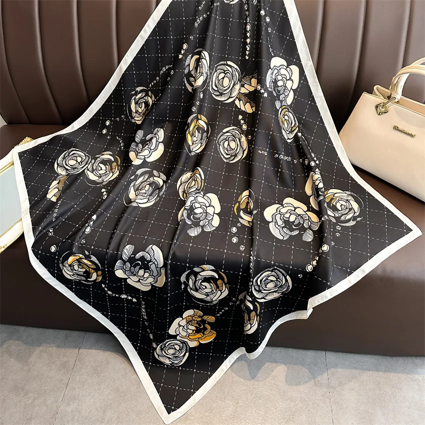 Women Fashion 90*90cm Print Silk Scarf Female Square Scarves Headband Foulard Ribbon Wraps Hairband Neckerchief Shawls Bandanna