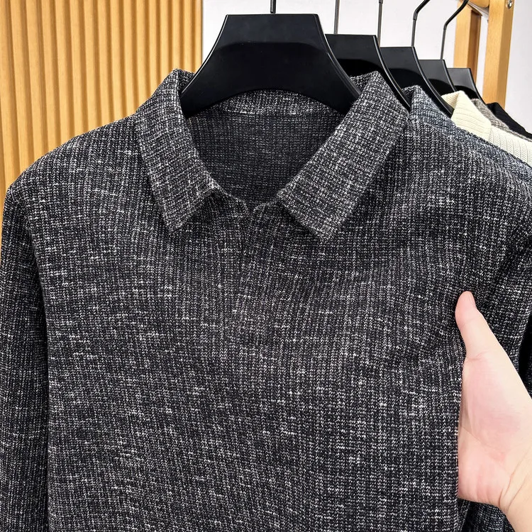 Herren-Polohemd mit Reverskragen, langärmelig, aus strukturiertem, geripptem Stoff, mit halber Knopfleiste, schmal geschnitten, weiches Strickoberteil, für den Alltag, lässige Herrenoberteile – Detail 9