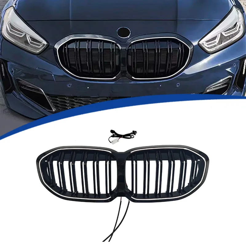 LED Light Up Double Slat Kidney Grille Gloss Black Luminous Front Grille Fit BMW 1 Series F40 2020-2024 Bumper Modification