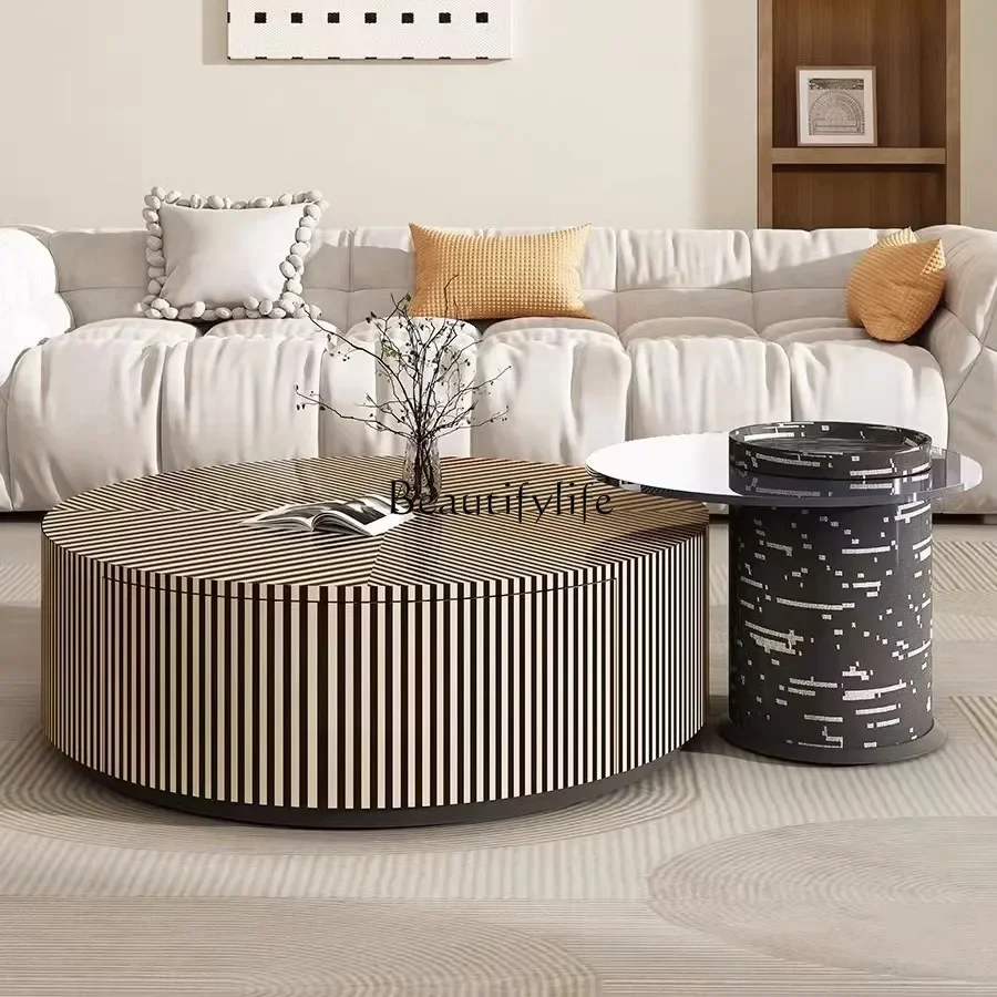 

01 Italian light luxury cream style zebra pattern round coffee table tempered glass living room coffee table