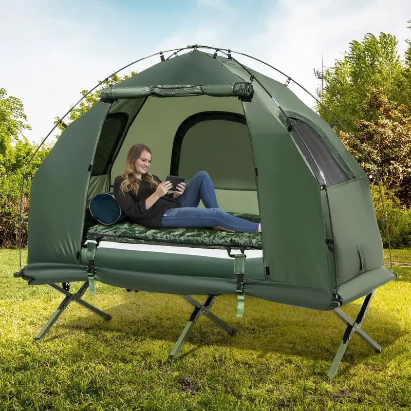 5-in-1 Campingbett-Set, zusammengeklappt 98×24×24 cm, mit Sonnendach, Luftmatratze, Schlafsack, Kissen, wasserdichtes Oxford-Gewebe, Fiberglasgestell inklusive. Heringen Seilen Tragetasche,