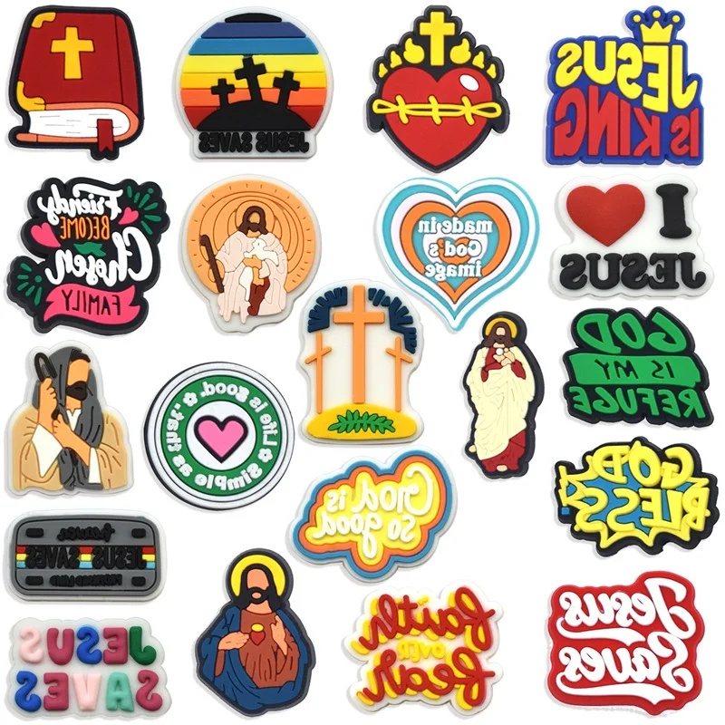 

Cartoon Jesus Shoe Charm PVC God Is My Refuge Fashion Accessories DIY Button Belief Hole Slipper Wristband Decor