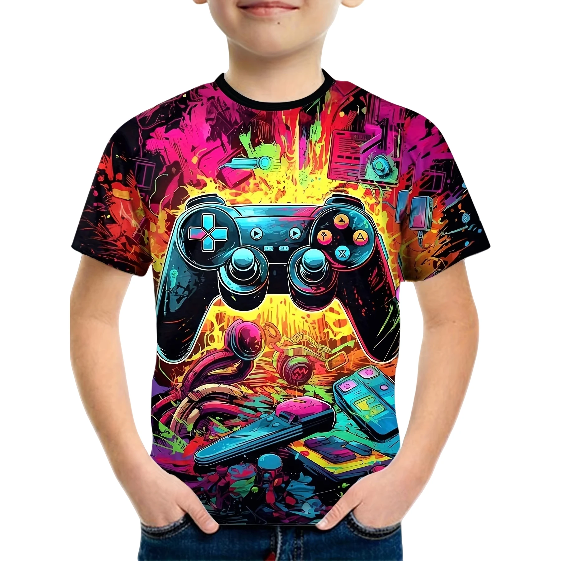 Vêtements pour enfants, haut imprimé de manette de jeu 3D, t-shirt d'été à manches courtes, Cool et élégant pour garçons de 5 à 6 ans, t-shirts décontractés à col rond