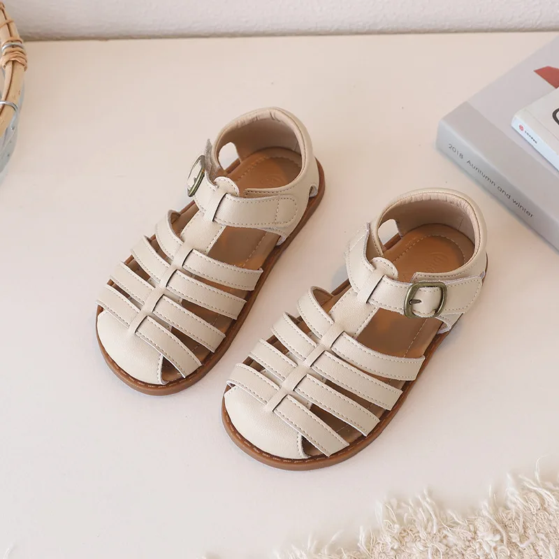 

Kids beach shoes cow split leather sandal hook loop girls summer shoes