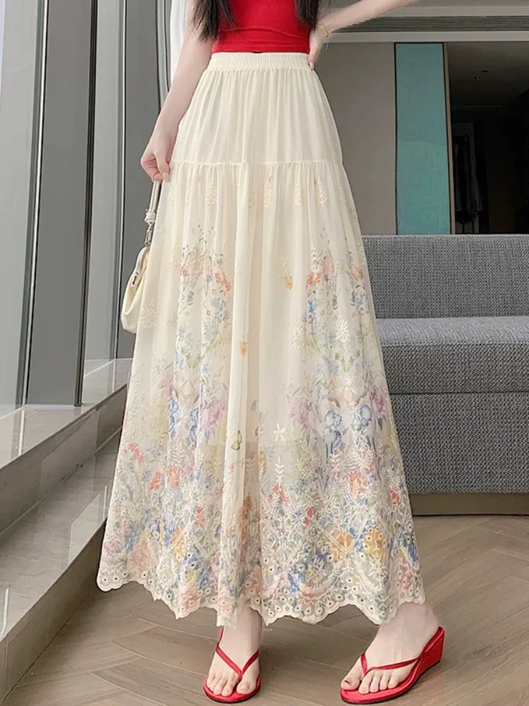 

Платье женское летнее абрикосовое с кружевной вышивкой, ажурное, с завышенной талией, драпировкой и пэчворком, А-силуэт, расклешенное, премиум-класса