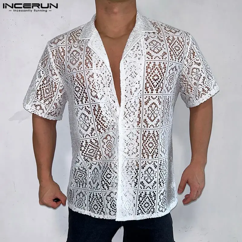 2024 Men\'s Shirt Lace Hollow Out Transparent Lapel Short Sleeve Men Clothing Streetwear Summer Fashion Casual Camisas INCERUN