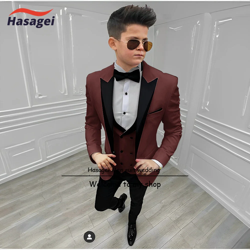 Coral Red Color Boys Suit 3 piece Gun Lapel Jacket Pants Vest Wedding Kids Tuxedo Formal Party Clothes 2-16 years Old