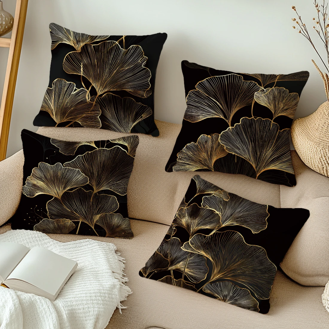 

45x45 см гинкго билоба полиэстер наволочка поясная наволочка черные золотые листья гостиная стул диван украшение дома