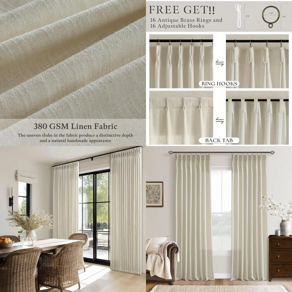 

Beige Linen Curtains 102 Long for Living Room with Pleated Drape Hooks and Rings, Ideal for Light Filtering and Sliding Door, 2-