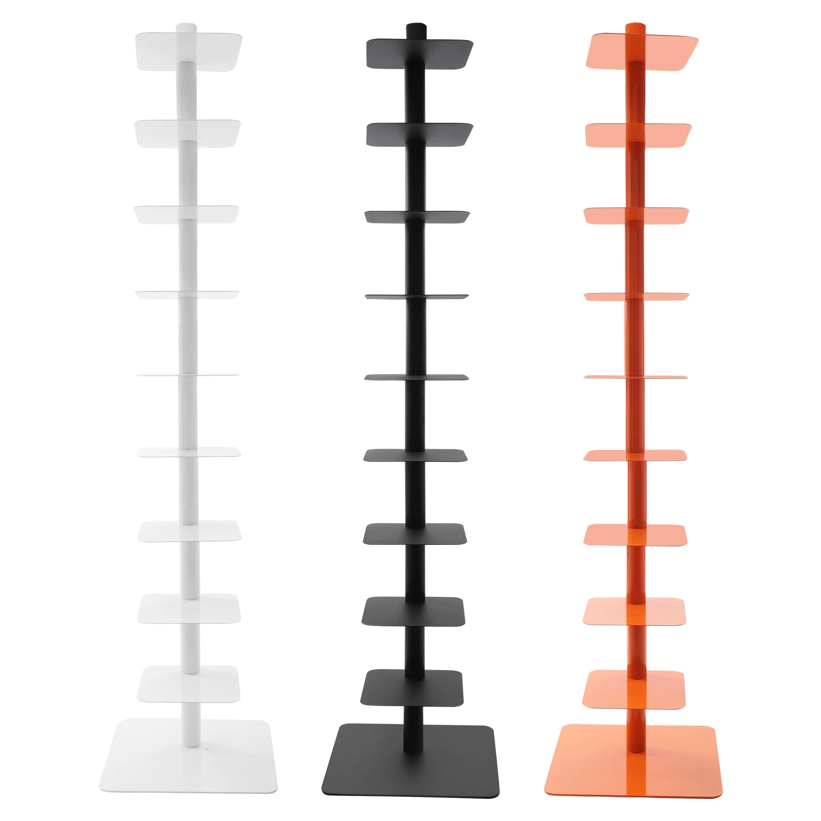 رف كتب دوار برتقالي/أبيض/أسود مكون من 9 طبقات 360 درجة °   رف الكتب العمود الفقري من الفولاذ الكربوني، رف الكتب الحلزوني، منظم كتب البرج العمودي