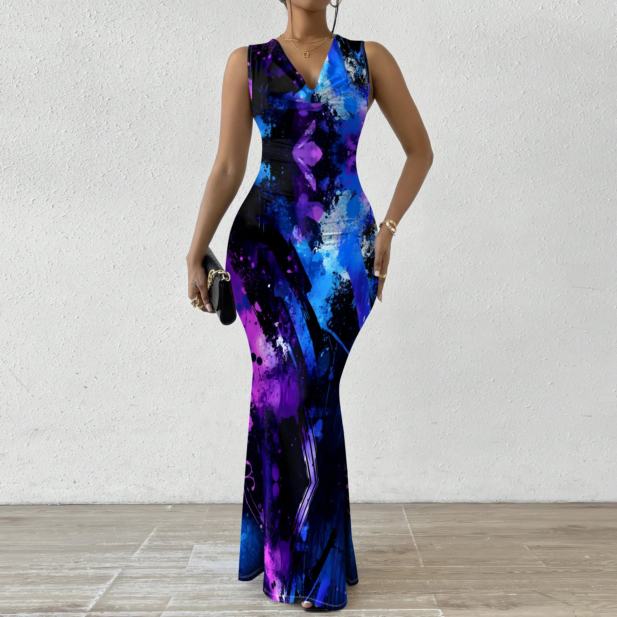 

Elegant Women's V-Neck Bodycon Maxi Dress Sleeveless Abstract Splatter Print Long Party Dress XS-2XL