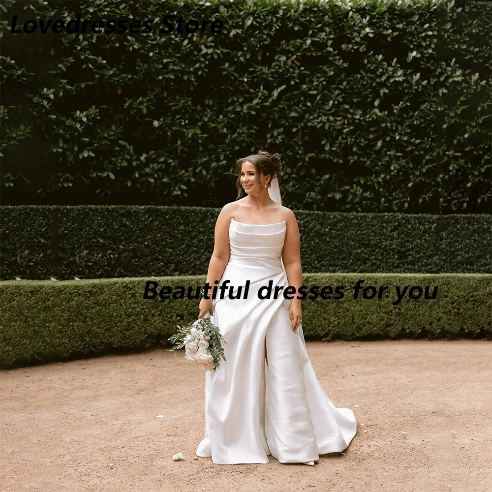 White Satin Wedding Dress Strapless Ruched Bodice High Slit Floor Length Bridal Gown Elegant Garden Wedding Dress Customized