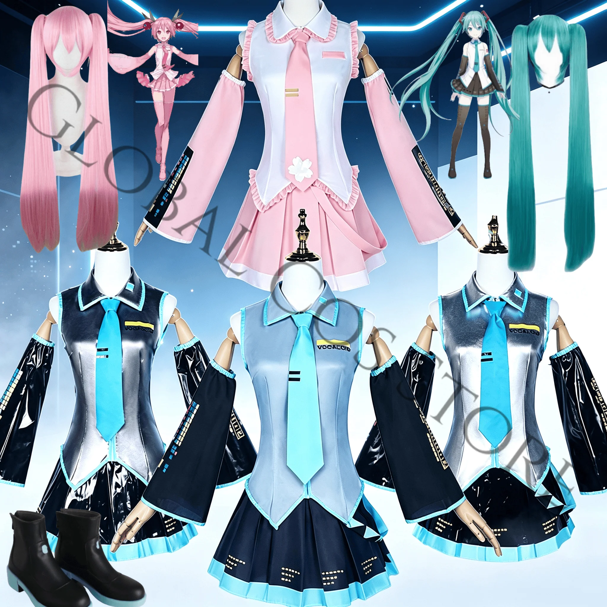 Mikuuu Virtuelle Idol-Sängerin Cosplay JK Rock Anzug Sakura Anzug Lederstoff Perücke Kopfhörer Kopfbedeckung Schuhe Accessoires Komplettset