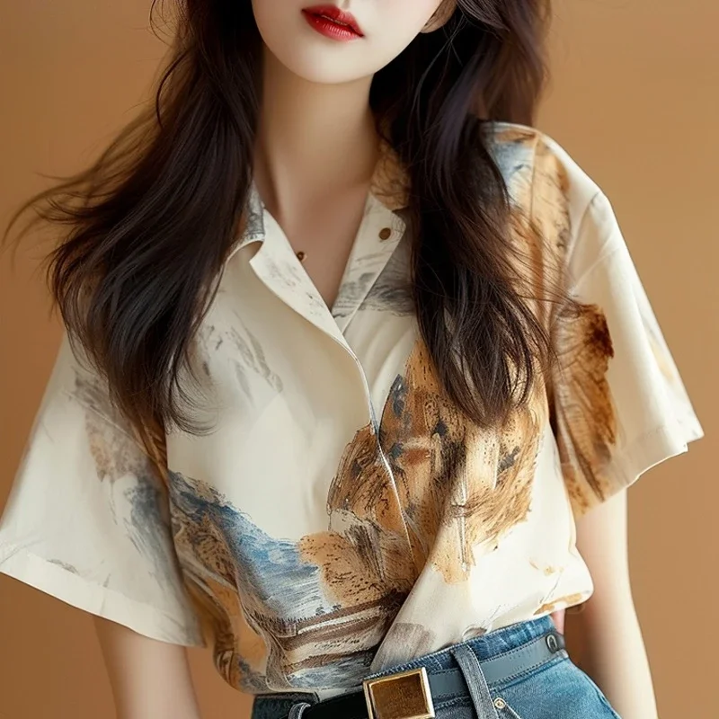 

Chiffon Women's Shirt Summer Prints Vintage Blouses Loose Short Sleeve Women Tops Fashion Turn-down Collar Clothing 2024 Korean