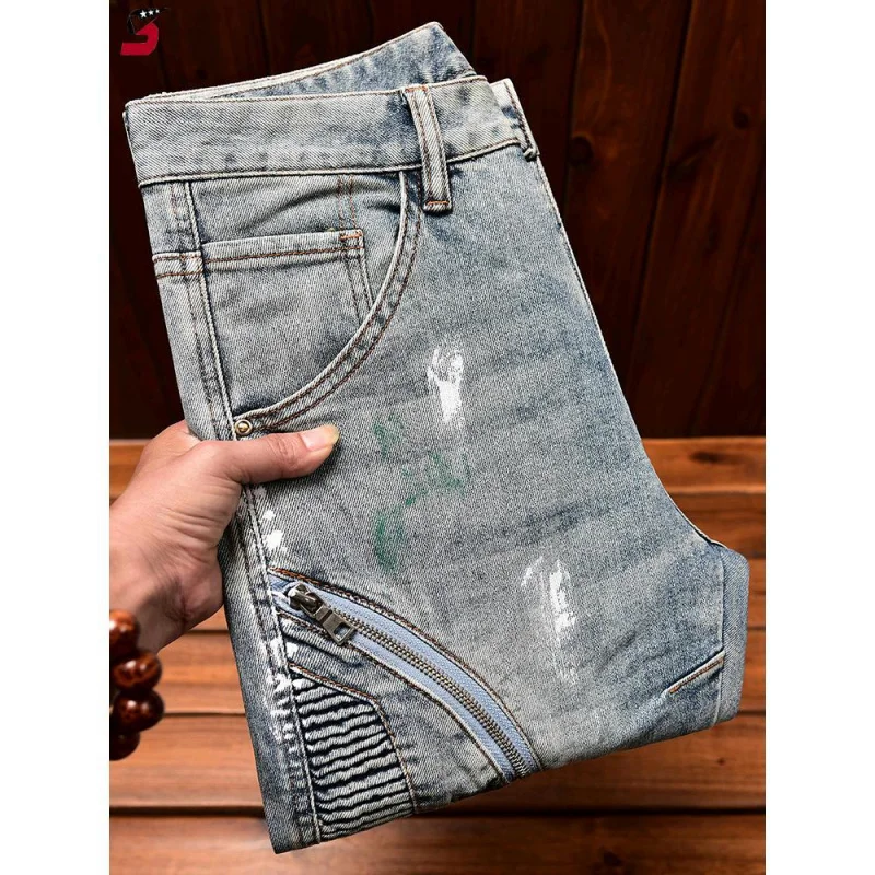 

High end luxury MEN'S biker jeans with zipper straight tube slim fit casual fashion washed with water motorcycle denim pants