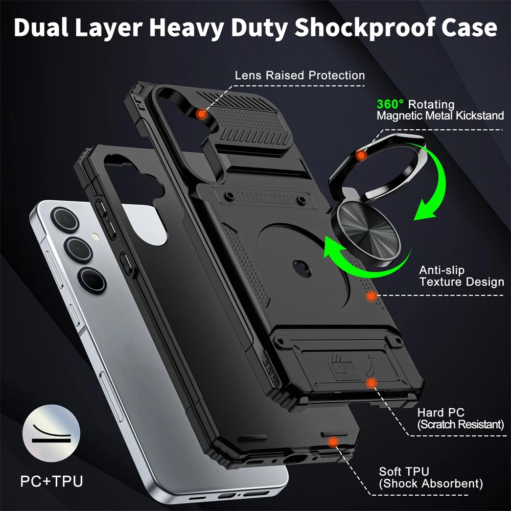 Case For Samsung Galaxy S24 S23 Ultra Plus FE A55 A35 A15 5G Magnetic Rotated Ring Kickstand Heavy Drop Protection Wallet Cover