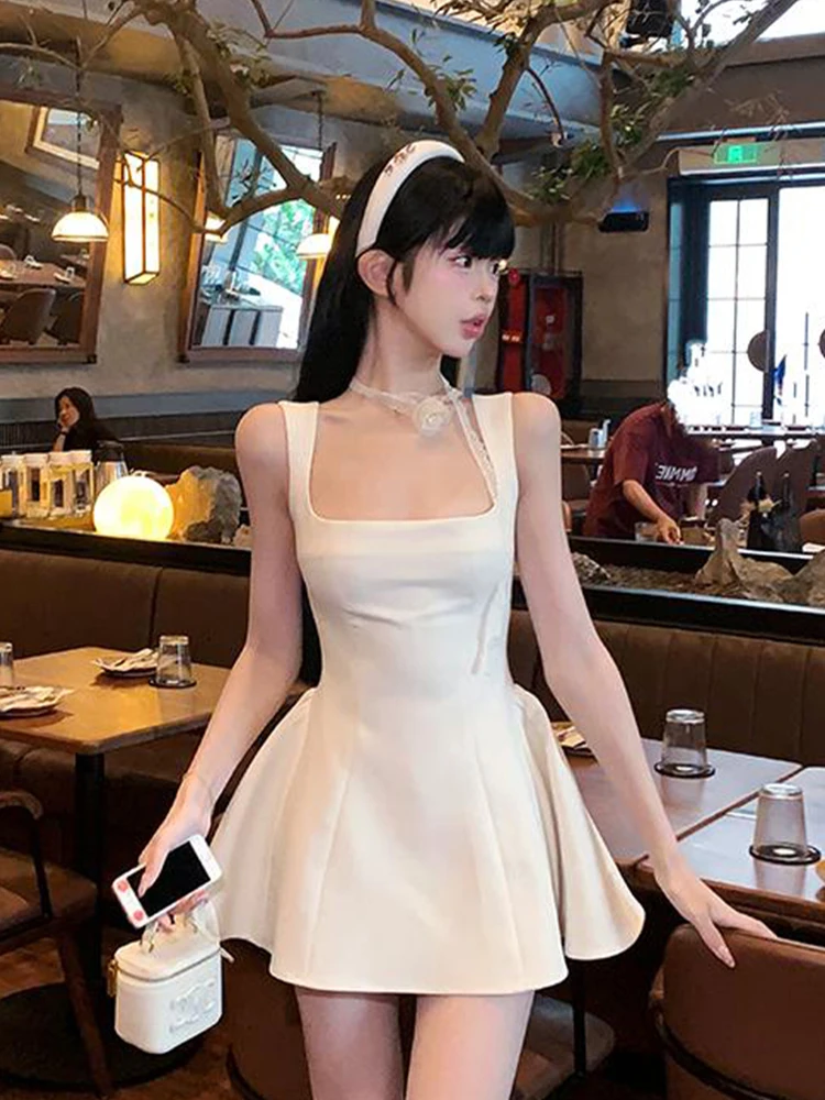 

XZY Pure Desire plus Size Women's Summer Sexy White Strap Dr A-Line Skirt Square Collar Korean Sle Casual Dr
