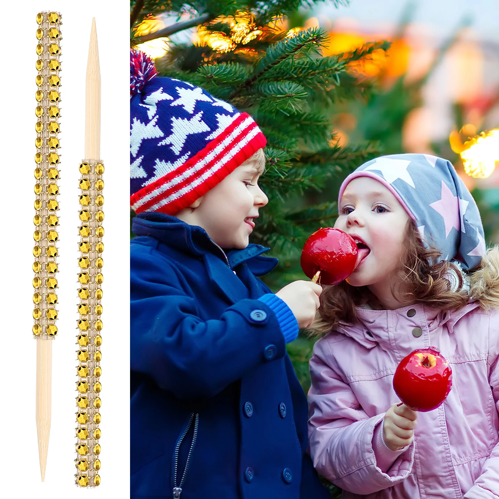 

1Set Candy Apple Sticks Wooden Rhinestone Skewers Packing Bags Ribbons Decorative Party Lollipop Sparkle Picks Dessert Fruit