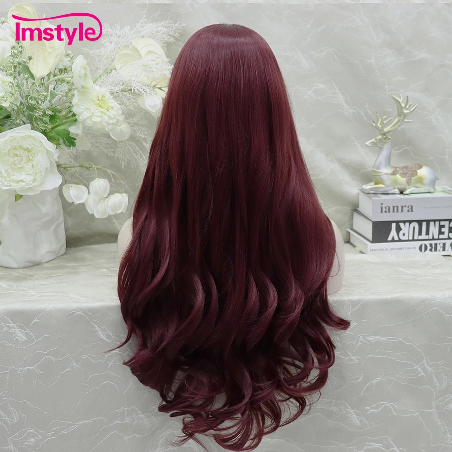 Peruca frontal de renda sintética para mulheres, peruca de cobre vermelho escuro, linha fina natural, peruca ondulada longa, resistente ao calor,