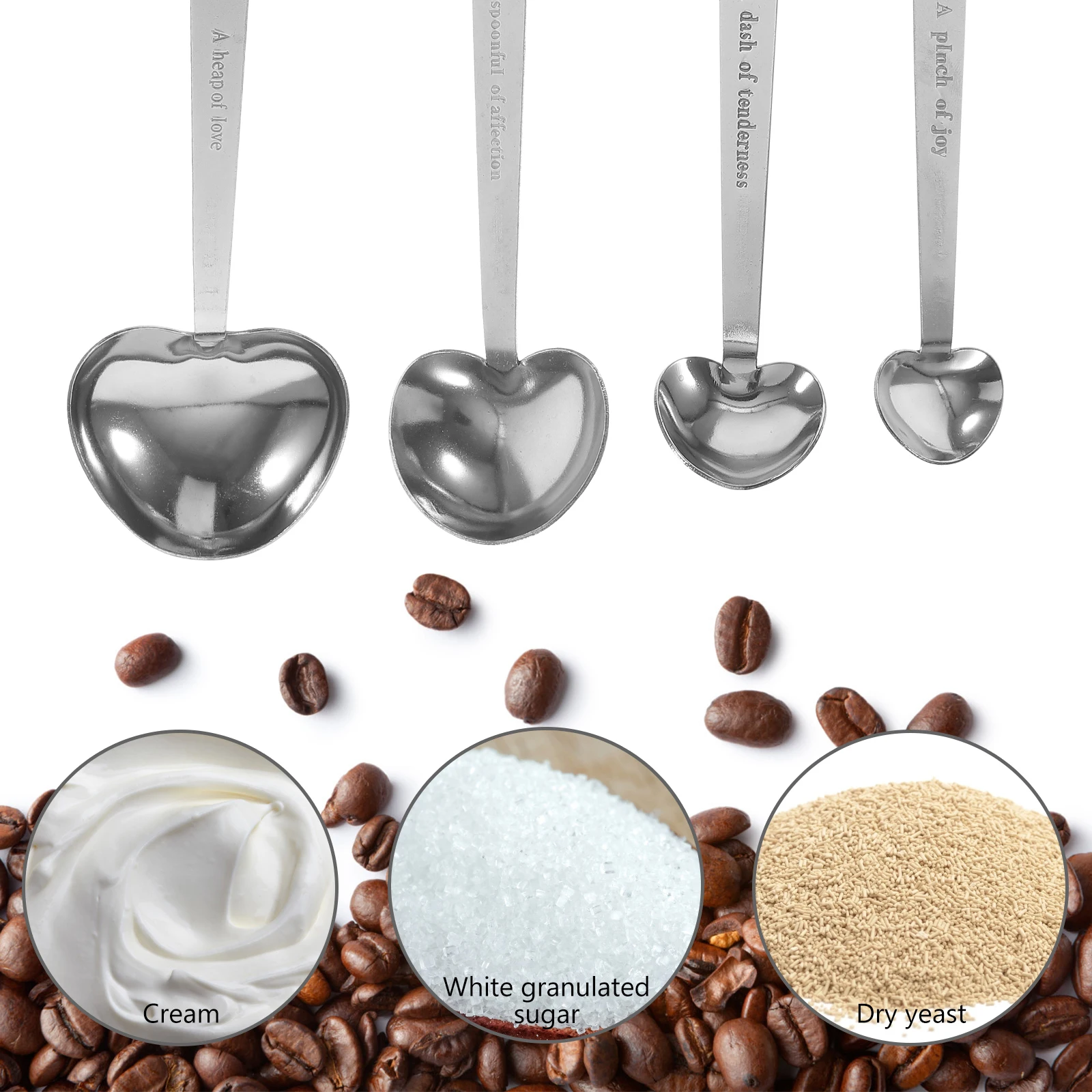 

4 Pcs Heart Shaped Measuring Spoons Stainless Steel 410 Spoon Set for Milk Powder Coffee Cocoa Tea Flour Creamers Accurate