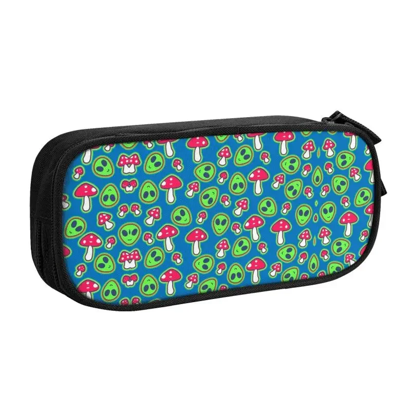 Cute Aliens And Shrooms UFO Sci Fi Space Pattern Pencil Case for Girls Boys Custom Large Capacity Pen Bag Box Stationery