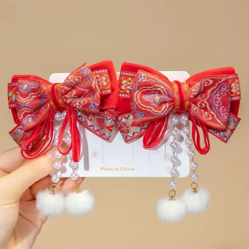 

New Children's Hair Clip, Girls' Hanfu Headwear, Bow, Chinese New Year Red Hair Accessory, Holiday Accessories