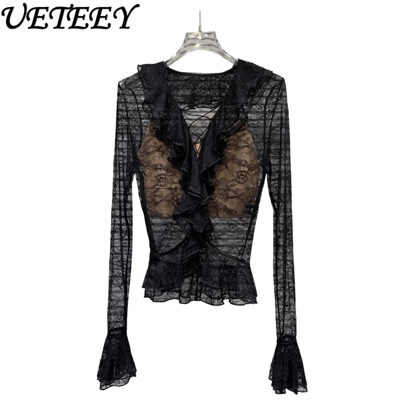 

2026 Весенняя новая сексуальная кружевная рубашка с v-образным вырезом и рюшами для девочек, женская модная универсальная внутренняя одежда тона кожи, черный кружевной топ