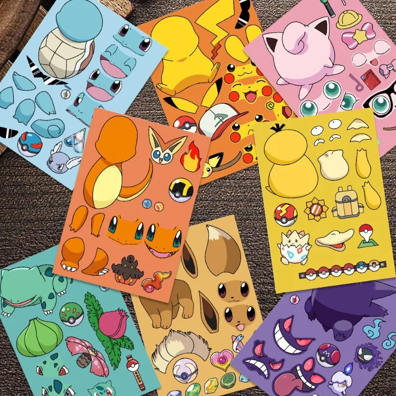 Периферийные устройства в стиле аниме Pokemon Пикачу Чармандер Jigglypuff, 8 шт., качественная бумага, кавайный мультяшный принт, сделай сам, детские наклейки-головоломки