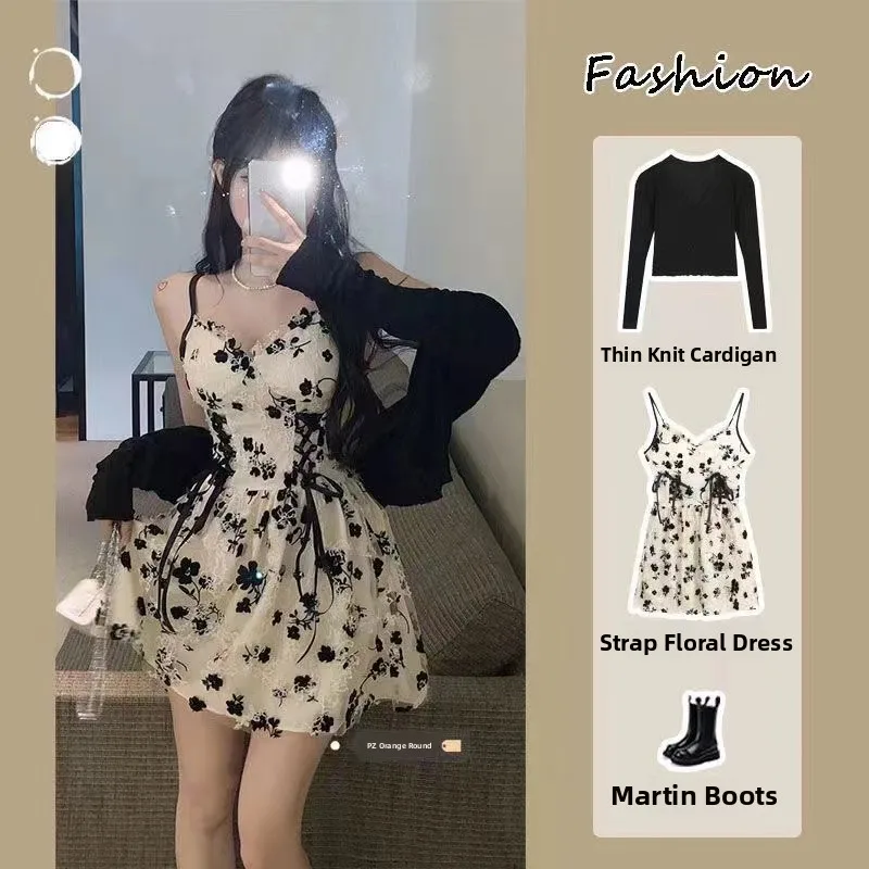 Summer Pure Desire Floral Tie Waist Slimming Dress Thin Knitted Top Women's Set Breezy Style Floral Strap Dress Fashionable E...