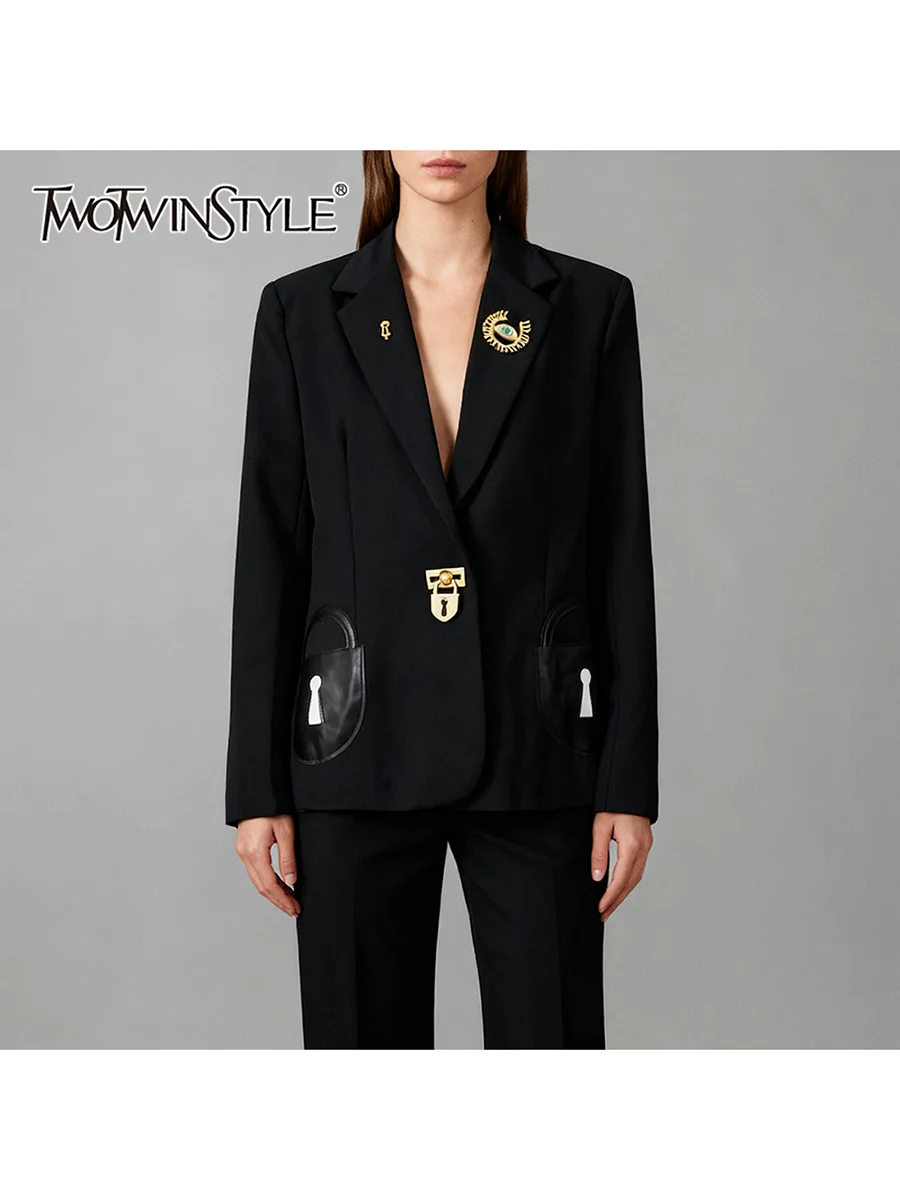 

TWOTWINSTYLE Loose Spliced Sequines Fashion Blazers for Women Lapel Long Sleeves Patchwork Leather Pockets Casual Blazer Female